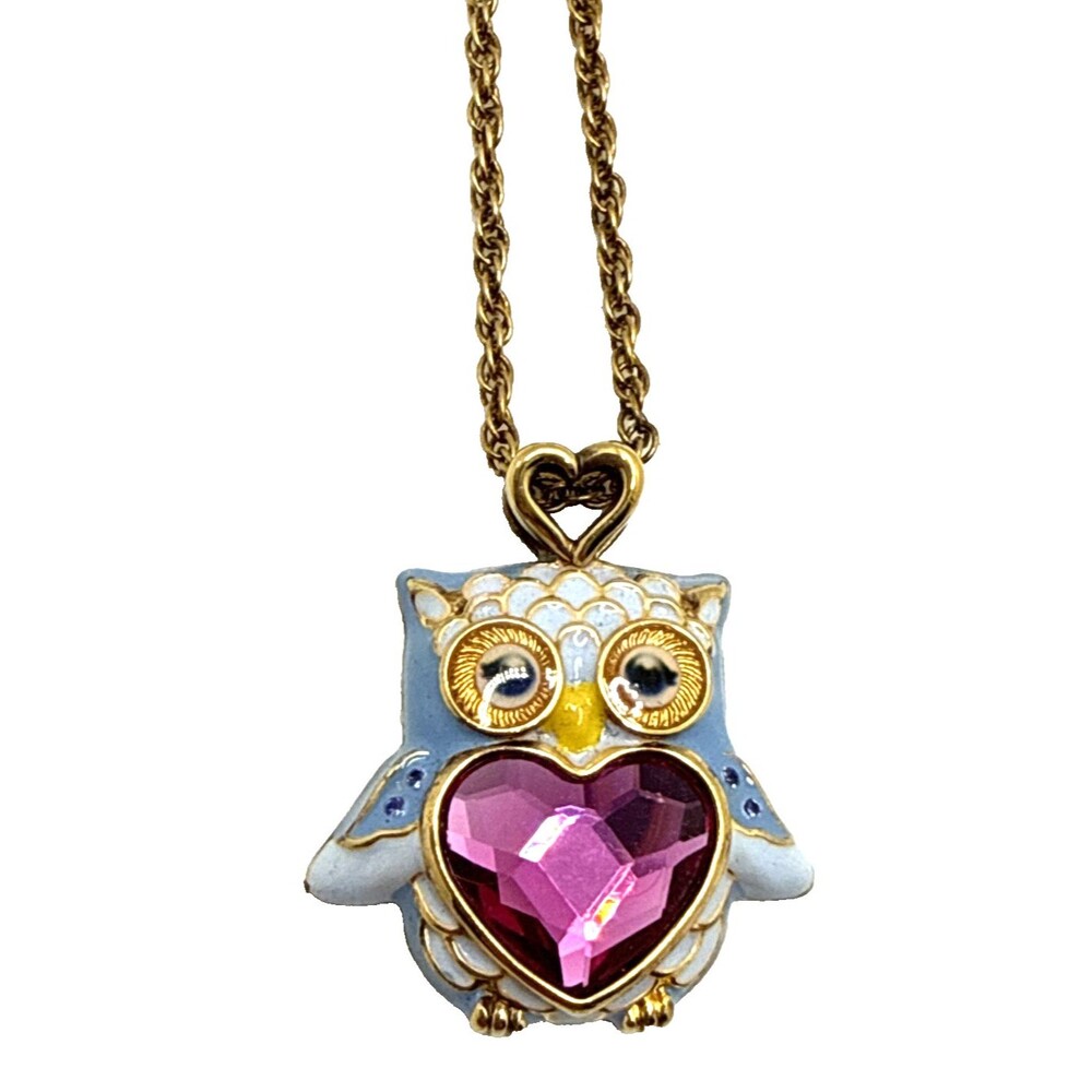 DANBURY MINT Enamel Owl Pendant Necklace Purple Heart Rhinestone Gold Plated 18"